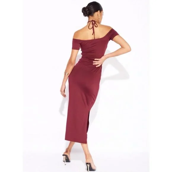 Burgundy Halter Neck Off Shoulder Short Sleeve Slit Cutout Bodycon Midi Dress - Picture 6 of 13